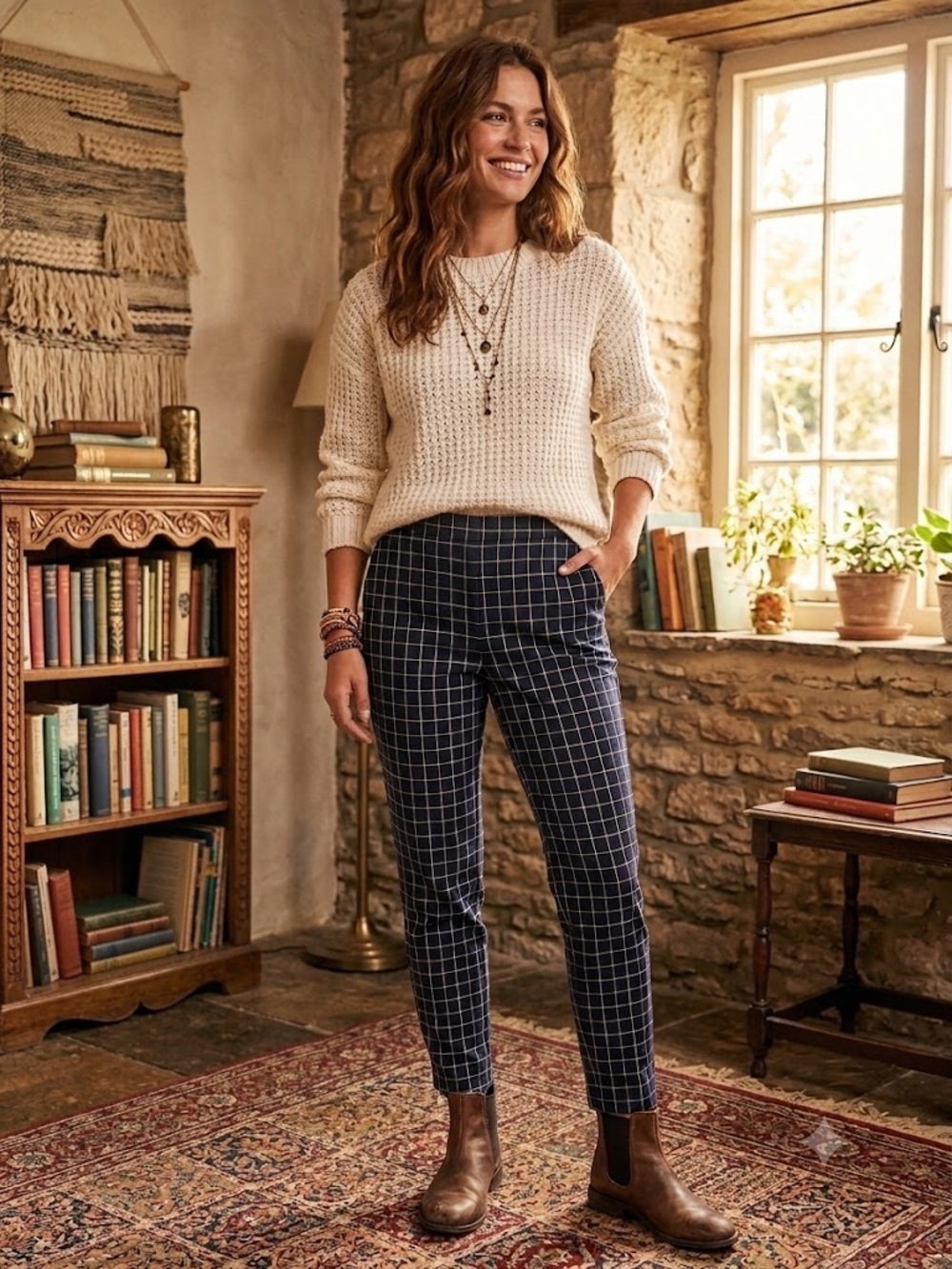 TRIBAL Navy Windowpane Cropped Slim Ankle Pants
